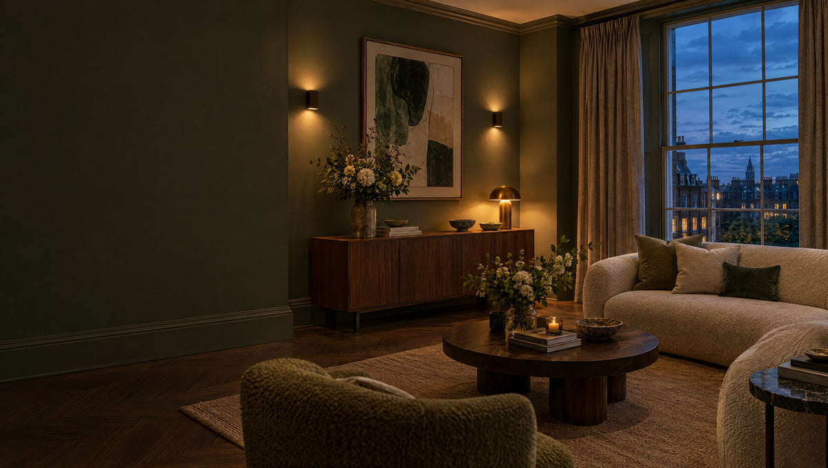 Cosy green living room at dusk lit by warm wall lights and a table lamp