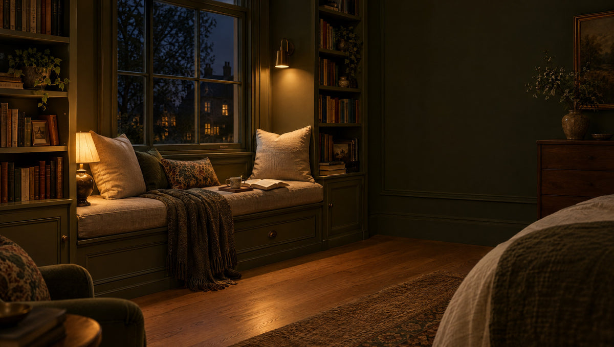 Window-seat reading nook at night lit by a warm wall light