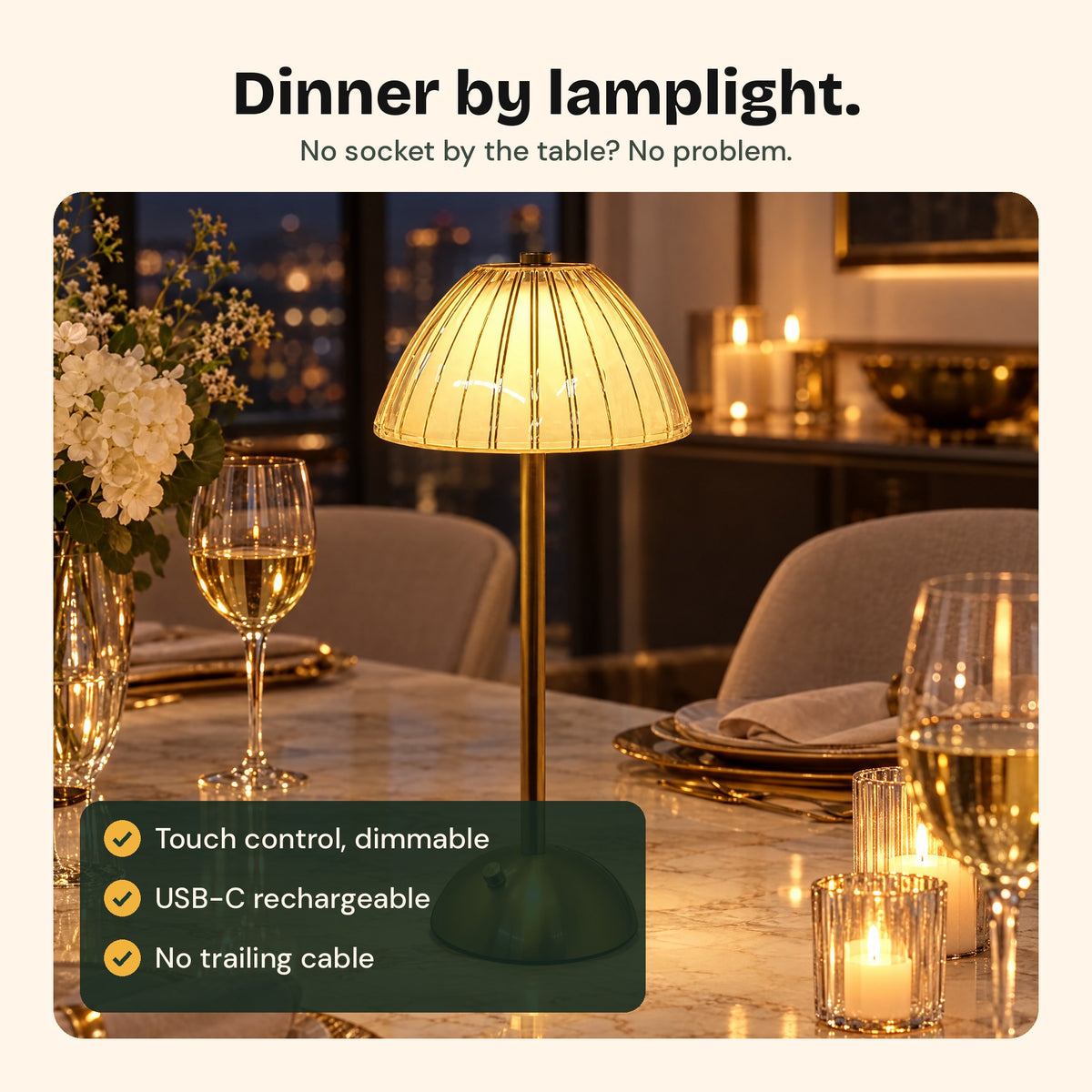 The Gem lamp on a dining table set for dinner