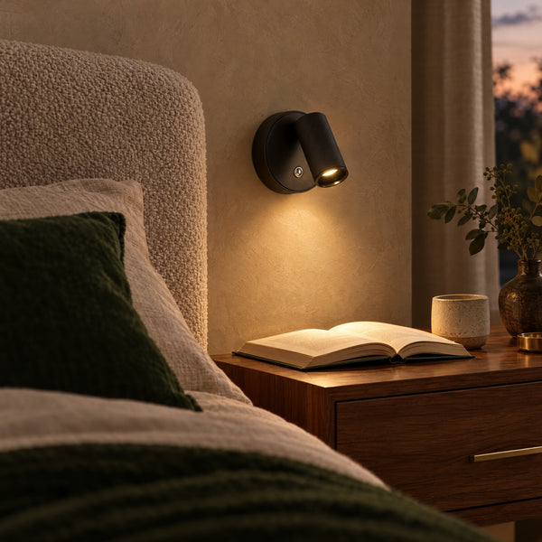 The Nook rechargeable wall light in black, lit beside a bed at dusk
