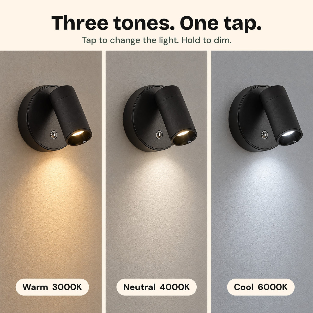 The Nook in three light tones: warm 3000K, neutral 4000K, cool 6000K