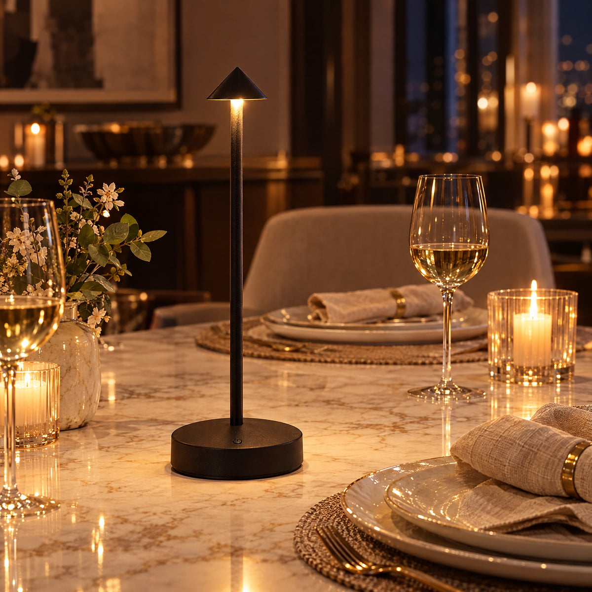 Black Perch cordless table lamp glowing on a dining table