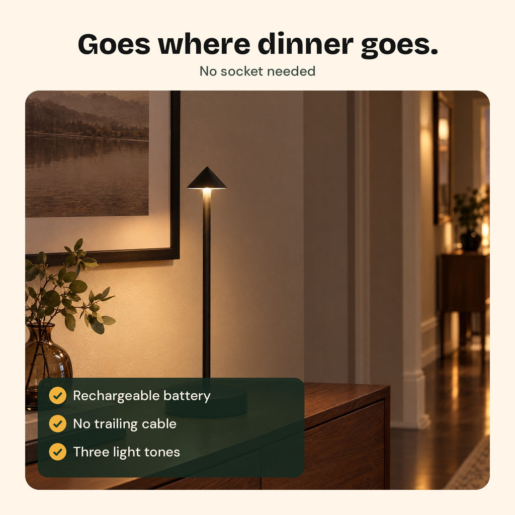 The Perch lamp on a hallway sideboard, no cable
