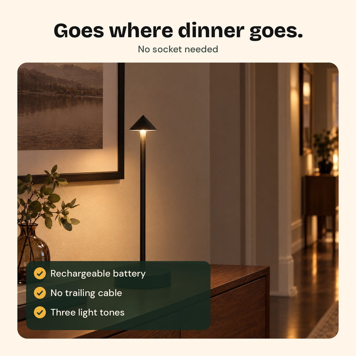 The Perch lamp on a hallway sideboard, no cable