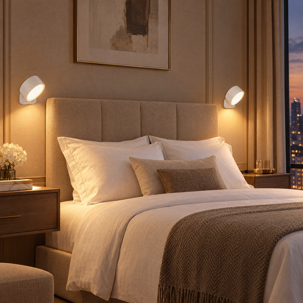 Pair of white Twin Sconce rechargeable wall lights glowing either side of a bed